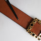 Brown Leather Gold Crystal Buckle Belt