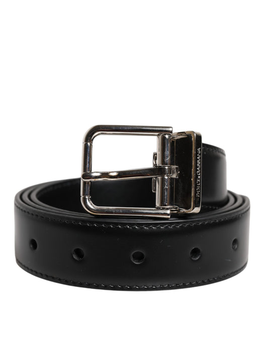 Black Calf Leather Silver Metal Buckle Belt