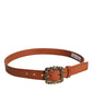 Brown Leather Gold Metal Baroque Buckle Belt