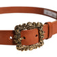 Brown Leather Gold Metal Baroque Buckle Belt