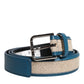 Blue Beige Leather Weaved Metal Buckle Belt