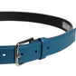 Blue Beige Leather Weaved Metal Buckle Belt
