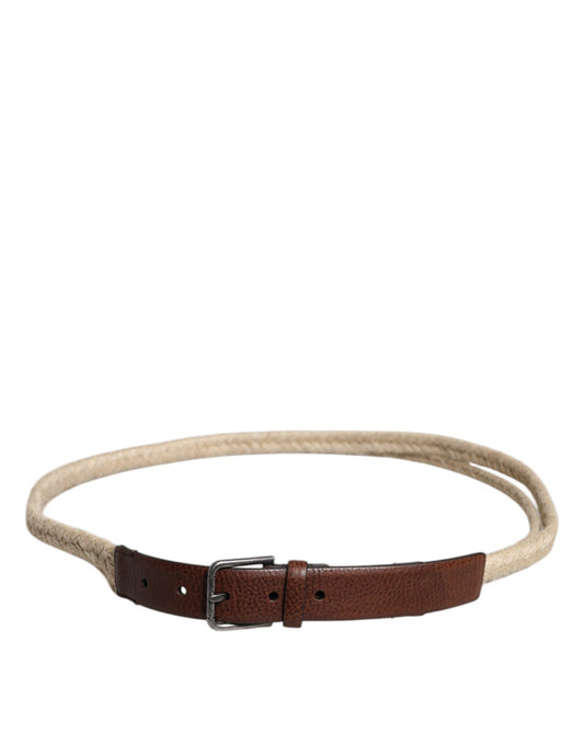 Brown Jute Leather Woven Metal Buckle Belt