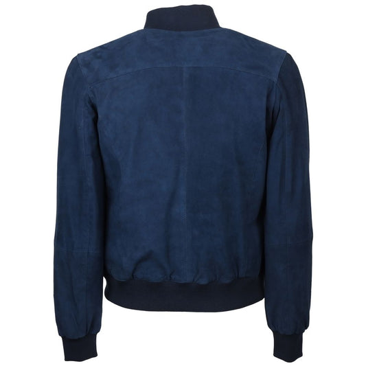 Blue Calfskin Men Bomber Jacket