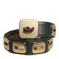 Green Leather Gold Tone Rotating Buckle Belt