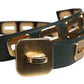 Green Leather Gold Tone Rotating Buckle Belt