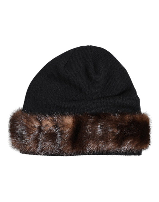 Black Fur Embellish Knitted Winter Beanie Hat