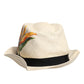 Beige Floral Print Straw Wide Brim Fedora Hat