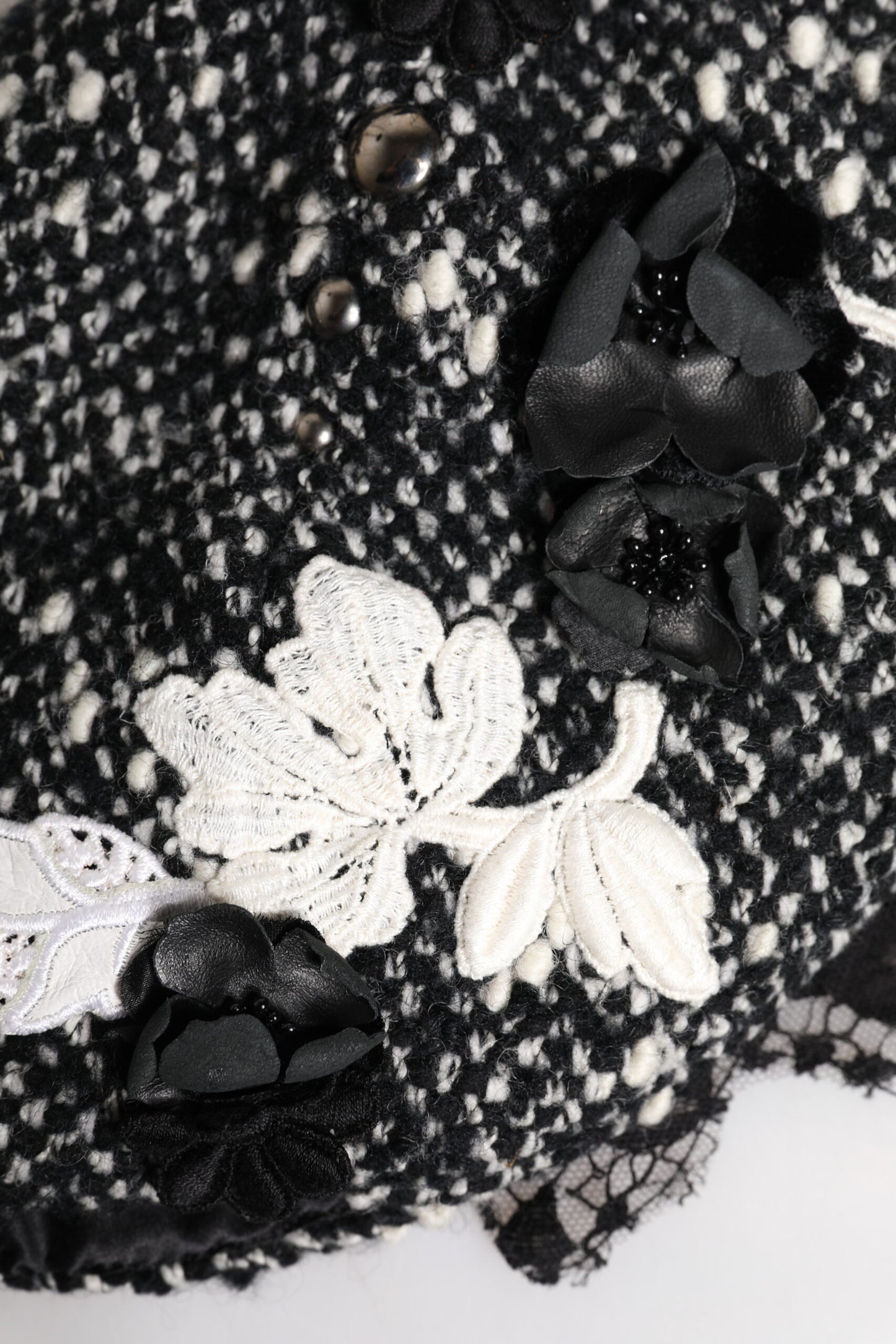 Black Wool White Floral Embellished Cloche Hat
