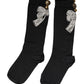 Black Knit Floral Crystal Embellishment Socks