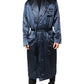 Blue Solid Silk Men Wrap Robe Coat Jacket