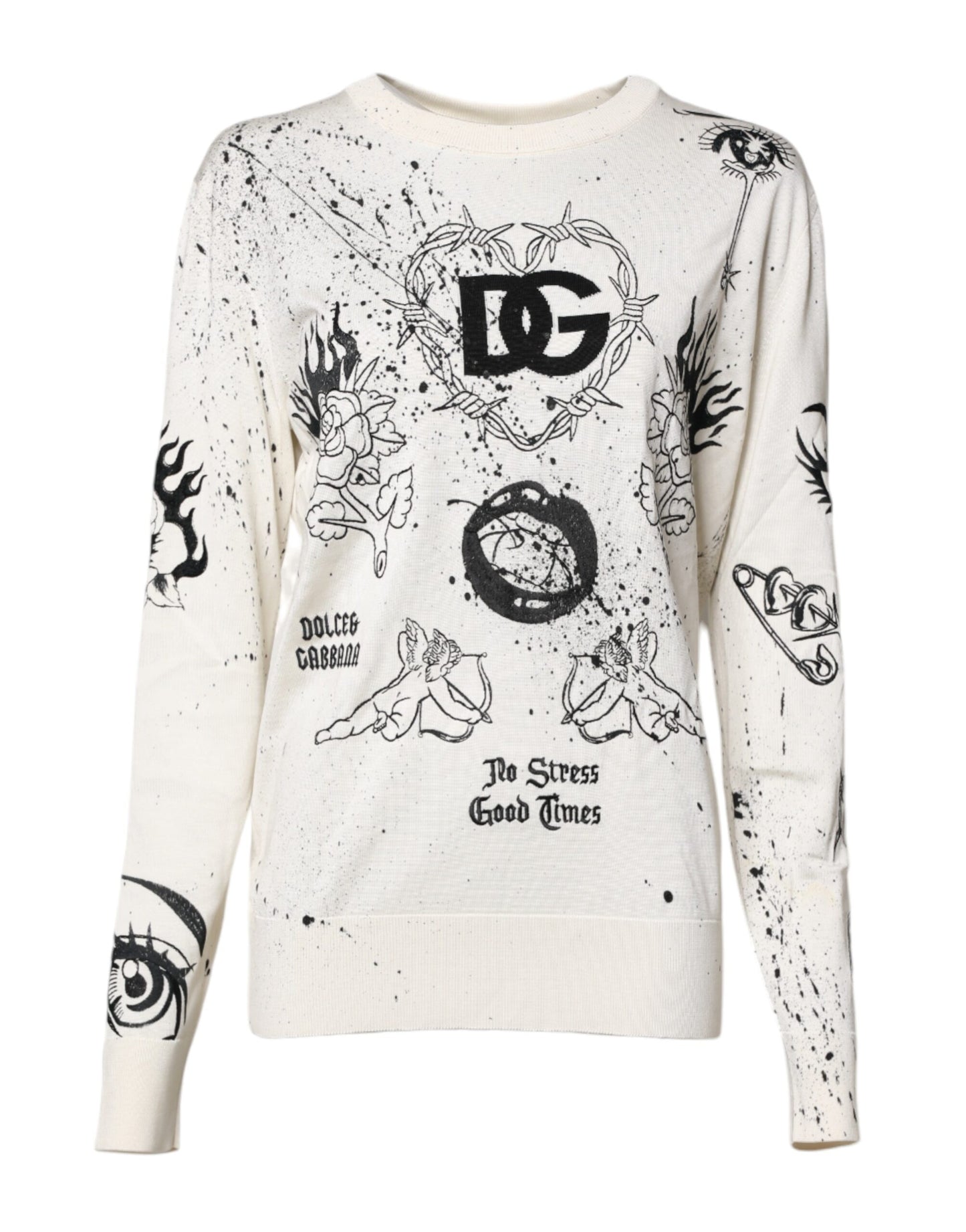 White Logo Angel Print Women Pullover Sweater