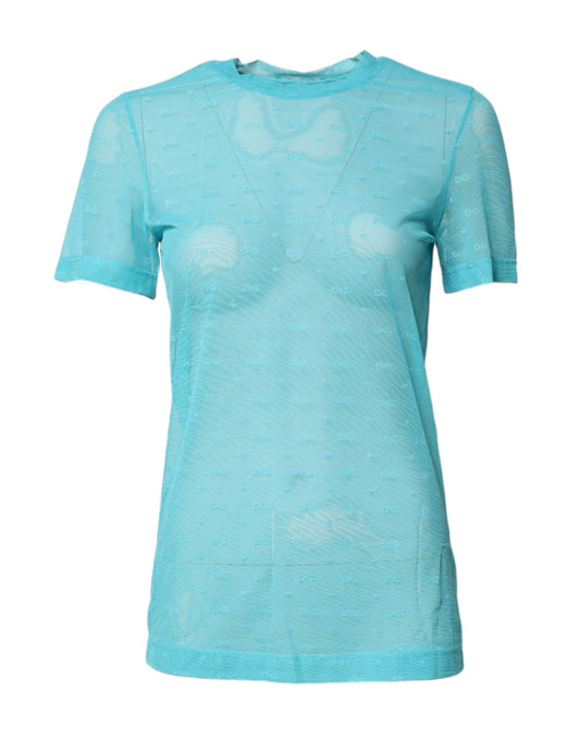 Blue Nylon See Through Women Short Sleeves Top