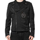 Black Brocade Cotton Full Zip Biker Jacket