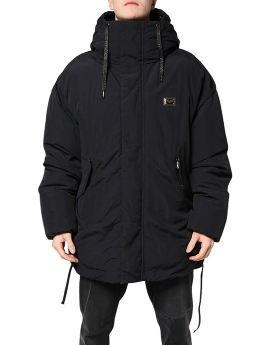 Black Nylon Full Zip Hooded Parka Jacket
