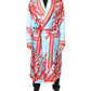 Blue Red Coral Print Wrap Robe Coat Jacket