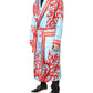 Blue Red Coral Print Wrap Robe Coat Jacket