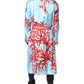 Blue Red Coral Print Wrap Robe Coat Jacket