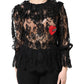 Black Cotton Floral Lace Women Blouse Top