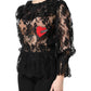 Black Cotton Floral Lace Women Blouse Top