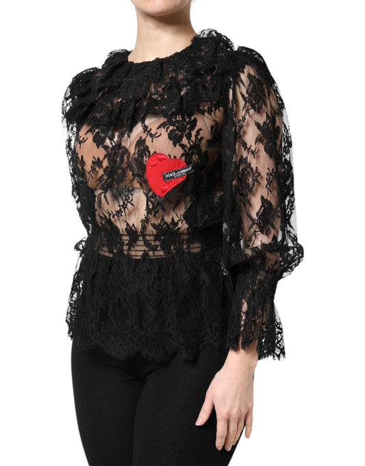 Black Cotton Floral Lace Women Blouse Top