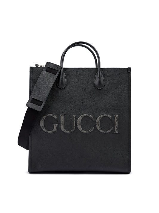 Black Leather Logo Medium Tote Bag