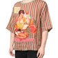 Multicolor Striped Graphic Linen Round Neck T-shirt