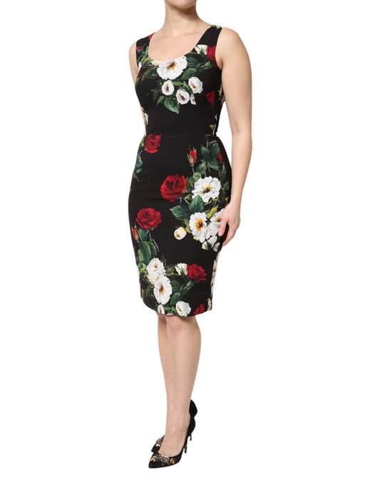 Black Floral Print Sleeveless Sheath Dress