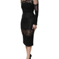 Black Lace Trim Nylon Tulle Sheath Midi Dress