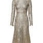Gold Floral Lace Long Sleeves Fit & Flare Dress