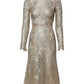 Gold Floral Lace Long Sleeves Fit & Flare Dress