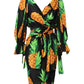 Black Pineapple Print Silk Wrap Mini Dress