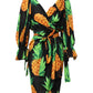 Black Pineapple Print Silk Wrap Mini Dress