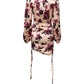 Pink Floral Silk Long Sleeves V-neck Ruched Mini Dress