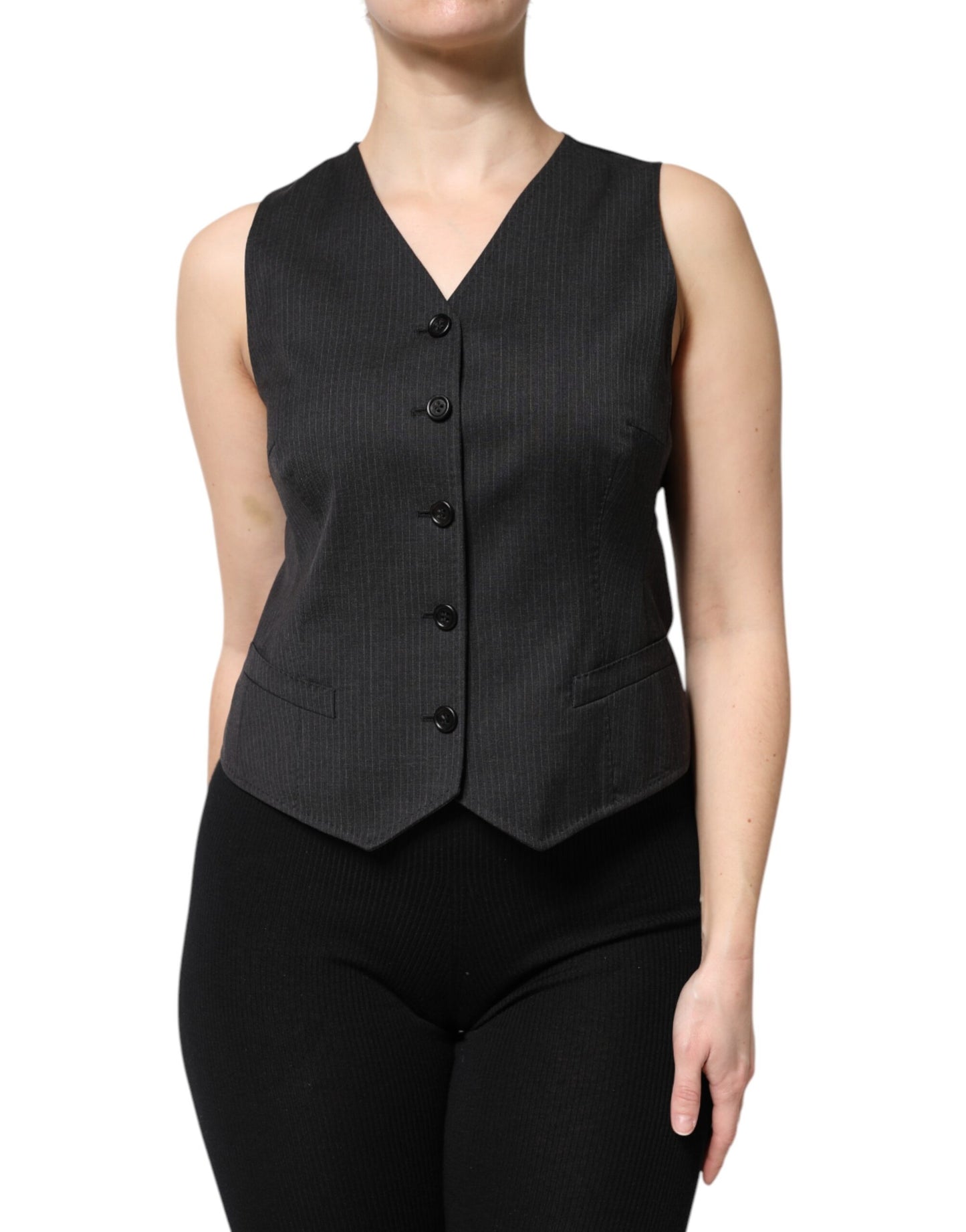 Black Striped Button Down Sleeveless Vest Top