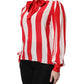 Red White Stripes Ascot Collar Blouse Top