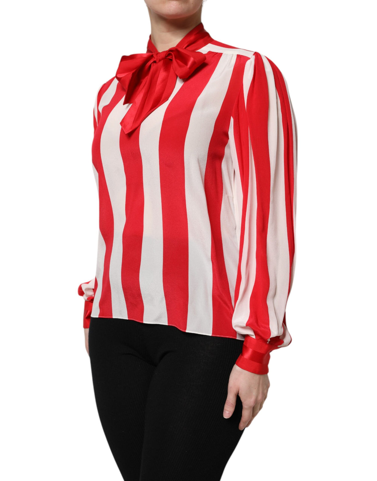 Red White Stripes Ascot Collar Blouse Top