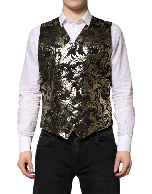 Black Gold Jacquard Formal Men Waistcoat Vest