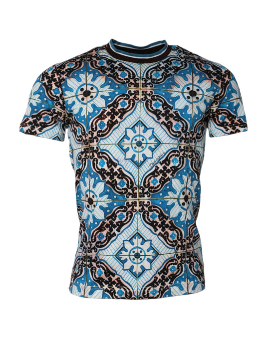 Blue Cotton Majolica Print Round Neck T-shirt