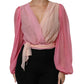 Pink Plunging V-neck Long Sleeves Blouse Top