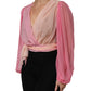 Pink Plunging V-neck Long Sleeves Blouse Top