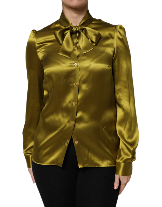 Green Ascot Collar Long Sleeves Blouse Top