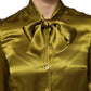 Green Ascot Collar Long Sleeves Blouse Top
