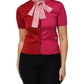Pink Short Sleeves Buttoned Ascot Collar Top