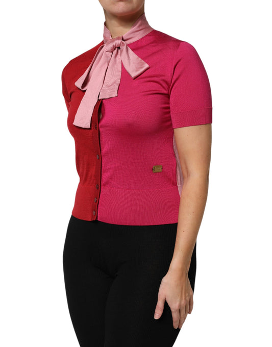 Pink Short Sleeves Buttoned Ascot Collar Top