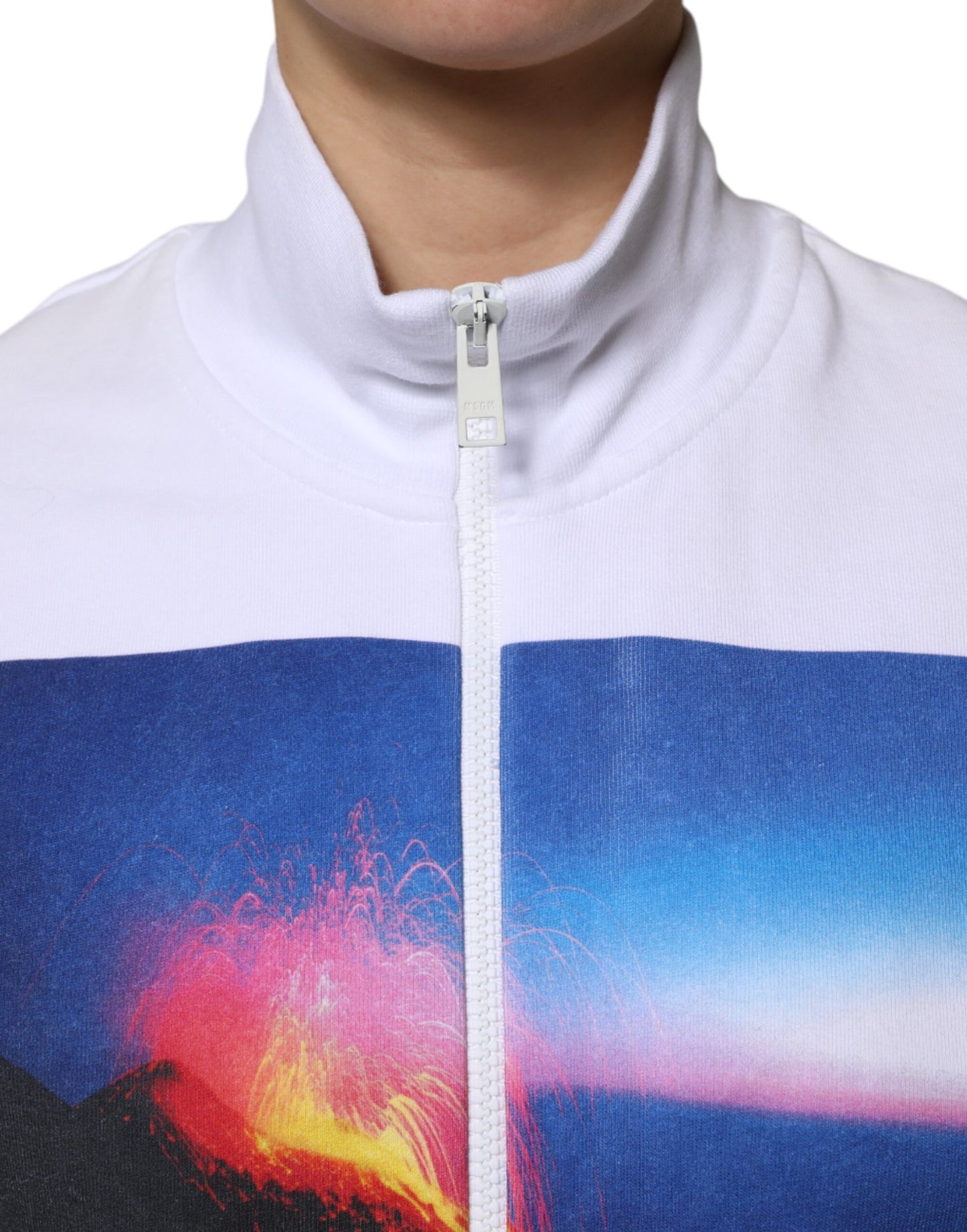 White Graphic Print Cotton Long Sleeves Full Zip Bomber Jacket