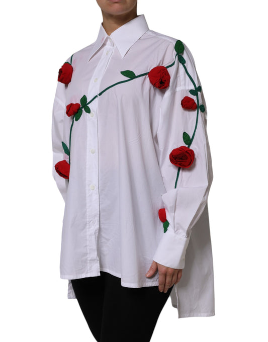 White Cotton Floral Appliques Dress Shirt Top
