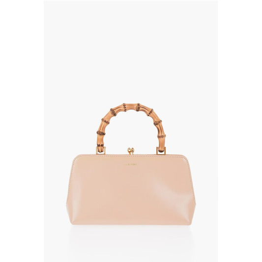 Bamboo Handle Leather Handbag with Clip Clap Closure