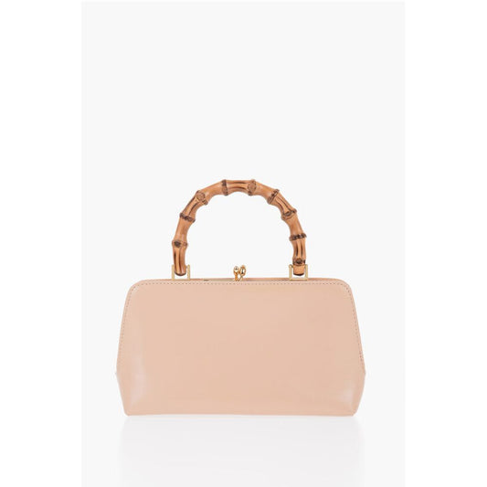 Bamboo Handle Leather Handbag with Clip Clap Closure