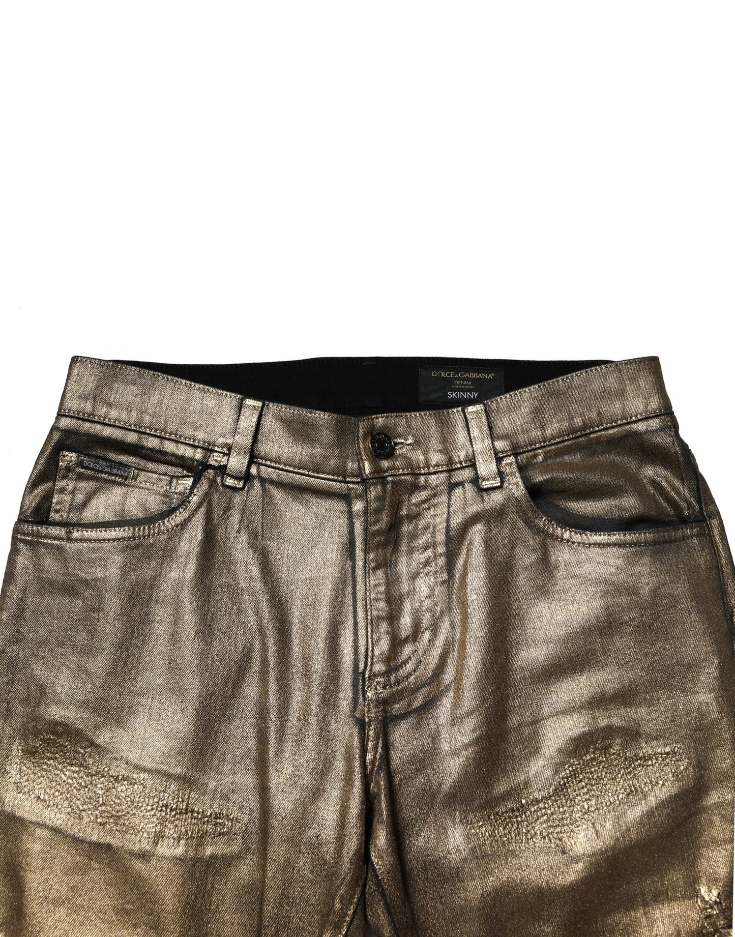 Gold Tattered Cotton Stretch Slim Denim Jeans